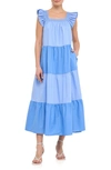 English Factory Flutter Sleeve Colorblock Cotton Midi Dress In Blue Multi