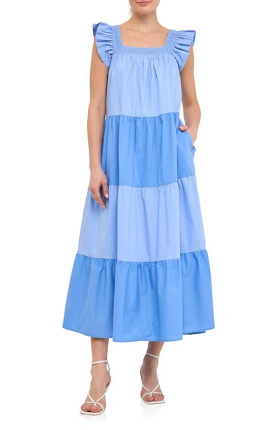 English Factory Flutter Sleeve Colourblock Cotton Midi Dress In Blue