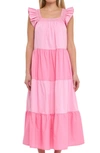 English Factory Flutter Sleeve Colorblock Cotton Midi Dress In Pink
