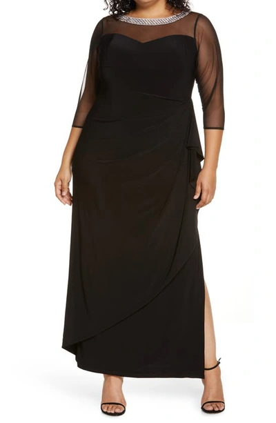 Alex Evenings Illusion Sleeve Side Ruched Gown In Black