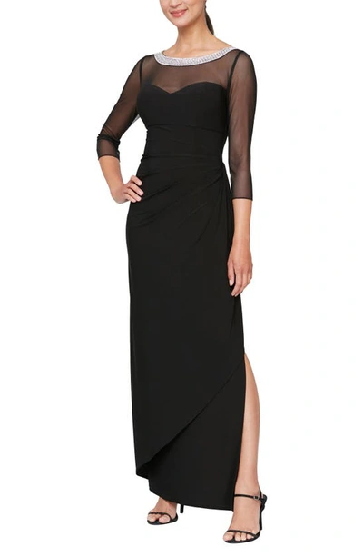 Alex Evenings Illusion Sleeve Side Ruched Gown In Black