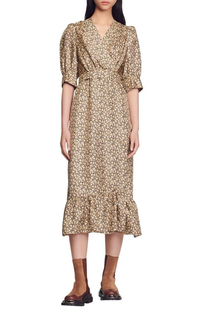 Sandro Enrika Floral Surplice Silk Dress In Beige