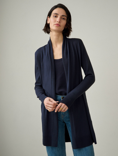 White + Warren Cotton Silk Long Open Cardigan Sweater In Navy Blue