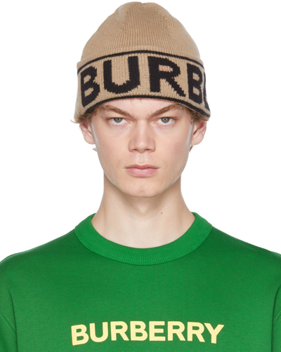 Burberry Neutral Logo Intarsia Cashmere Beanie Hat In Archive Beige