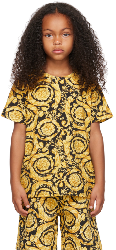 Versace Kids' Barocco Print Stretch Cotton T-shirt In Black,gold