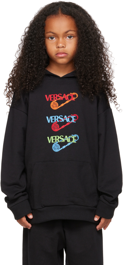 Versace Kids' Safety Pin Embroidered Cotton Hoodie In Nero+multicolor