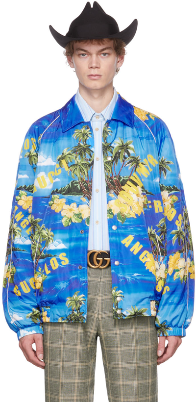 Gucci Logo And Floral-print Satin Jacket In Blue