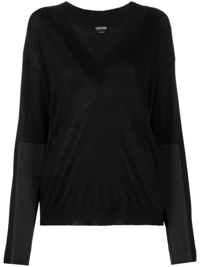 Tom Ford Panelled V-neck Knitted Jumper In Black