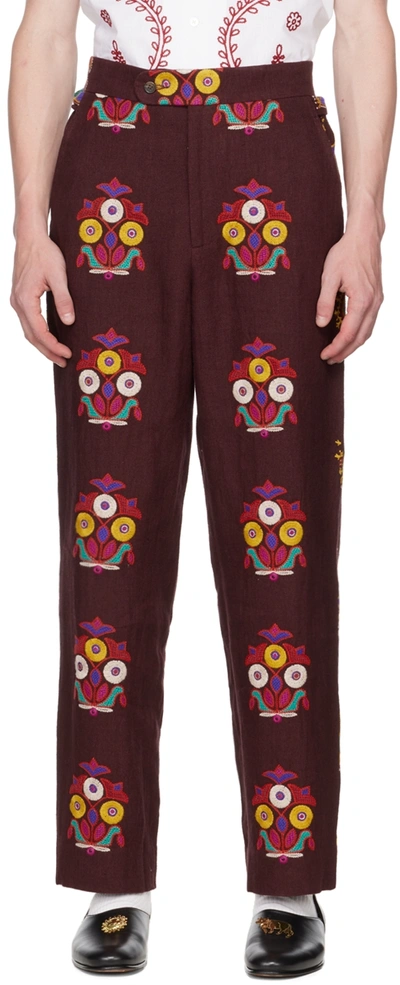 Bode Patterned Tailored Linen Trousers In Maroon Multi