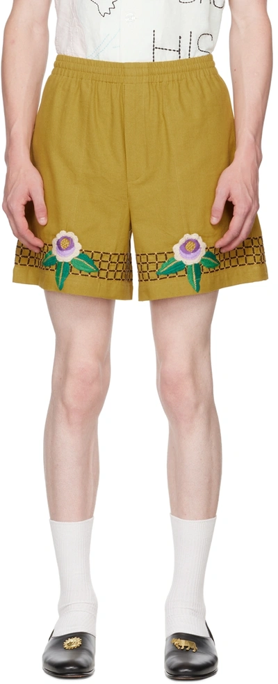 Bode Floral-embroidered Track Shorts In Yellow