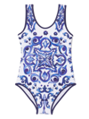 Dolce & Gabbana Girl's Mediterraneo Majolica One-piece Swimsuit In White
