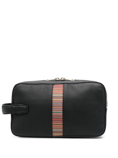 Paul Smith Leather Signature Stripe Wash Bag In Black