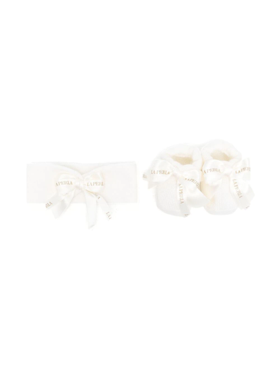 La Perla Babies' Bow-detail Booties & Headband Set In Neutrals