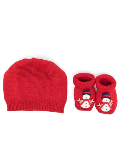 La Perla Babies' Snowman-motif Booties & Beanie Set In Red