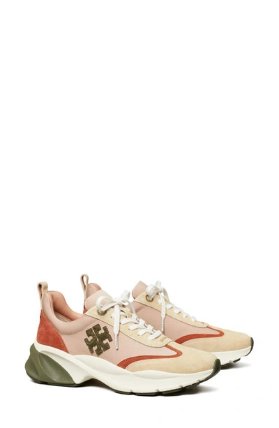 Tory Burch Good Luck Suede-trimmed Sneakers In Salmon / Olive / Sand
