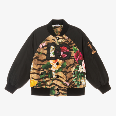 Dolce & Gabbana Babies' Tiger & Rose Bomber Jacket In Black