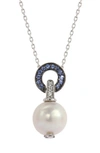 Suzy Levian Sterling Silver 10mm Freshwater Pearl & Created Sapphire Pendant In Blue