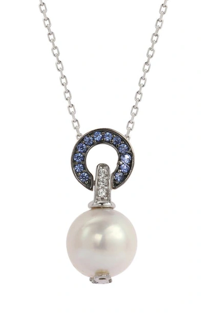 Suzy Levian Sterling Silver 10mm Freshwater Pearl & Created Sapphire Pendant In Blue