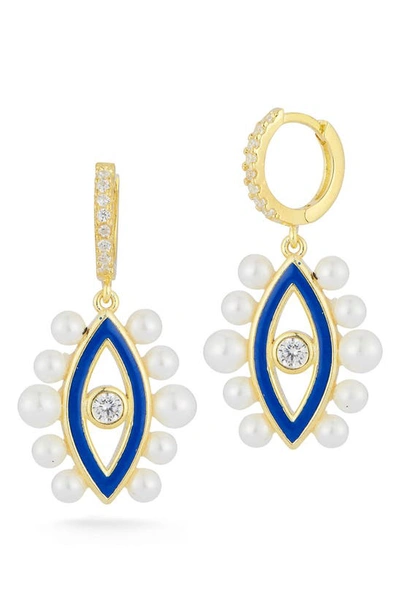 Sphera Milano 14k Yellow Gold Vermeil Cz & Imitation Pearl Evil Eye Drop Earrings