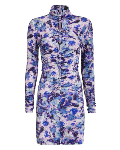 Isabel Marant Cutout Ruched Floral Print Stretch-velvet Mini Dress In Purple