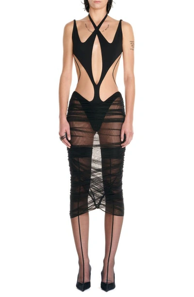 Mugler Black Sheer Panel Cutout Detail Midi Dress | ModeSens