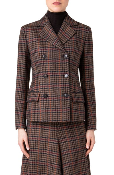 Akris Houndstooth Check Double Breasted Virgin Wool Blazer In Caramel Multicolor