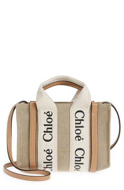 Chloé Mini Woody Logo Strap Canvas Tote In White - Beige 1