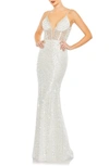 Mac Duggal Embellished Plunge Neck Sleeveless Trumpet Gown In White