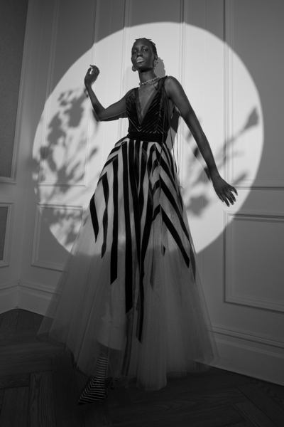 Bibhu Mohapatra Chevron Velvet Bias Tulle Gown