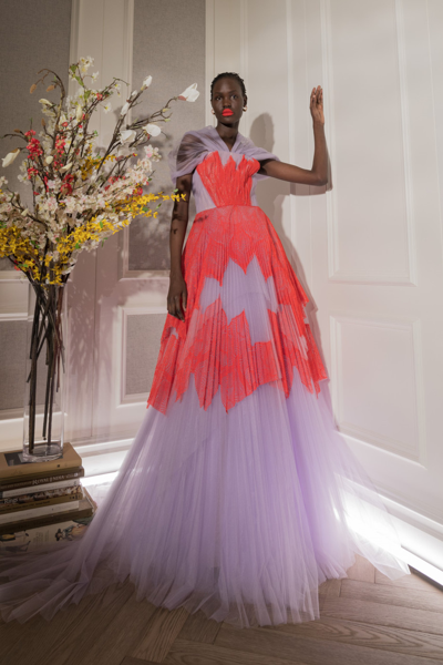 Bibhu Mohapatra Lace Applique Pleated Tulle Gown