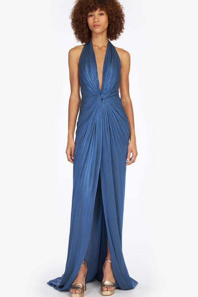 Costarellos Twist-front Gathered Lamé Halterneck Gown In Blue
