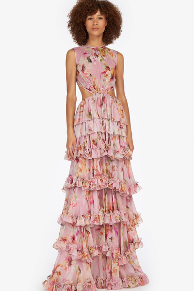 COSTARELLOS CLAIRE FLORAL RUFFLED GEORGETTE GOWN