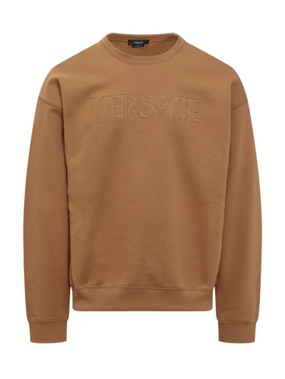 Versace Logo Detailed Crewneck Sweatshirt In Brown