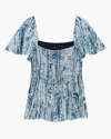 Theory Short-sleeve Godet Printed Silk Top In Teal Multi