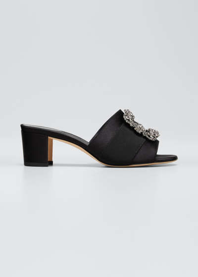 Manolo Blahnik Marta Crystal Buckle Silk Sandals In Black