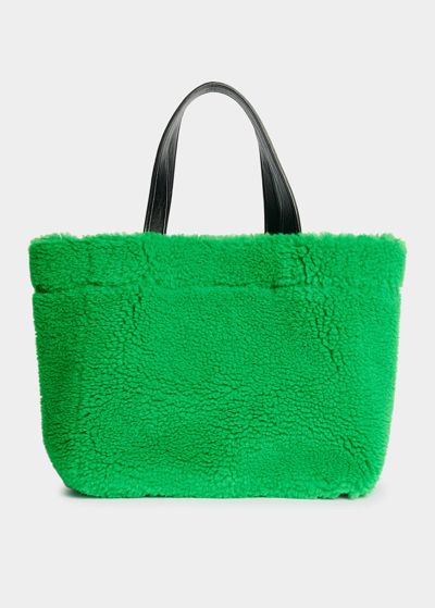Stand Studio Small Faux Shearling Teddy Shopping Bag In Bright Green/brig