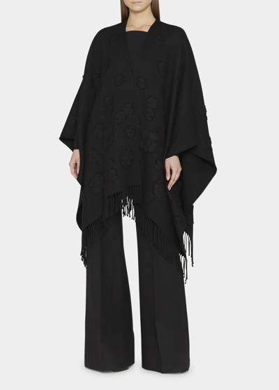 Valentino 3d Flowers Wool-blend Poncho In Black