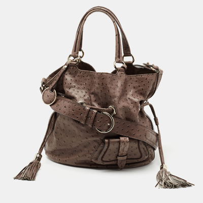 Pre-owned Lancel Brown Ostrich Embossed Leather Premiere Flirt Bucket Bag