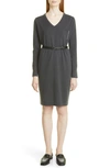 Fabiana Filippi Beaded Pocket Belted Wool Blend Long Sleeve Knit Dress In Dark Grey