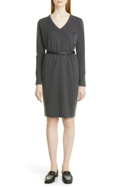 Fabiana Filippi Beaded Pocket Belted Wool Blend Long Sleeve Knit Dress In Navy