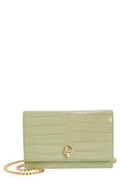 Alexander Mcqueen Skull-embellished Croc-embossed Leather Cross-body Bag In Sage