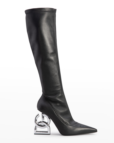 Dolce & Gabbana Logo Leather Over-the-knee Socks Boots In Nero