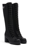 PRADA TRONCHETTI NYLON; LEATHER KNEE BOOTS