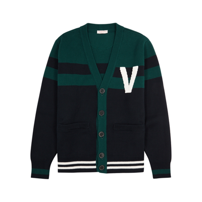 Valentino Striped Cardigan With V Logo Patch In Green,blue