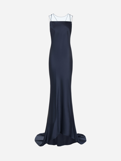 Maison Margiela Satin Open-back Trumpet Gown With Sheer Detail In Blue