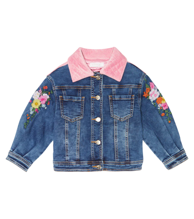 Monnalisa Kids' Embroidered Washed Cotton Denim Jacket In Blu Stone Denim