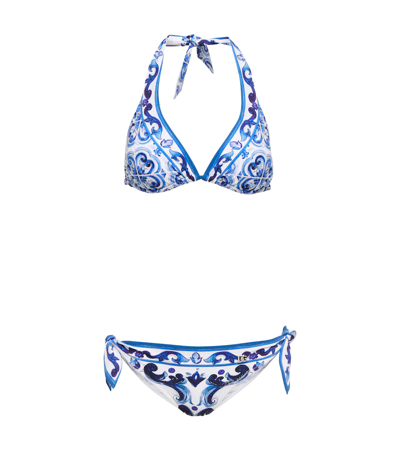 Dolce & Gabbana Maioilica-print Halterneck Bikini In Blue
