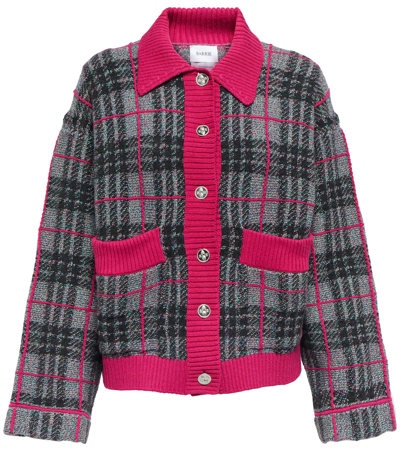Barrie Checked Cashmere Knit Cardigan In Marl Crayed/raspberry/charcoal