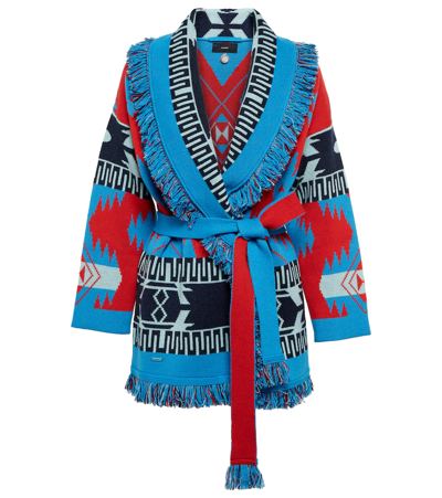 Alanui Woman Cardigan In Blue And Red Cashmere With Fringes