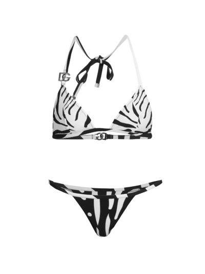 Dolce & Gabbana Zebra-print Triangle Bikini With Dg Logo In White